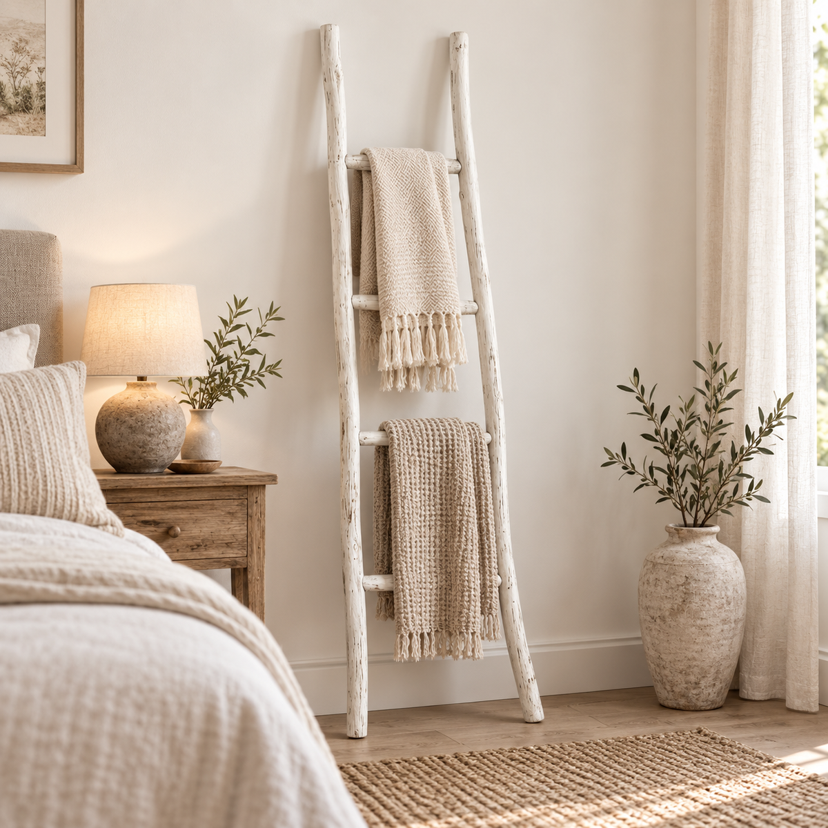 Échelle décorative Neris en bois blanc patiné avec plaids dans une chambre