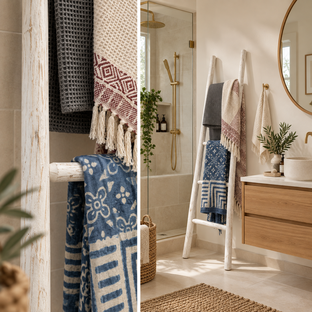 Échelle décorative Neris blanc patiné utilisée comme porte-serviettes dans une salle de bain