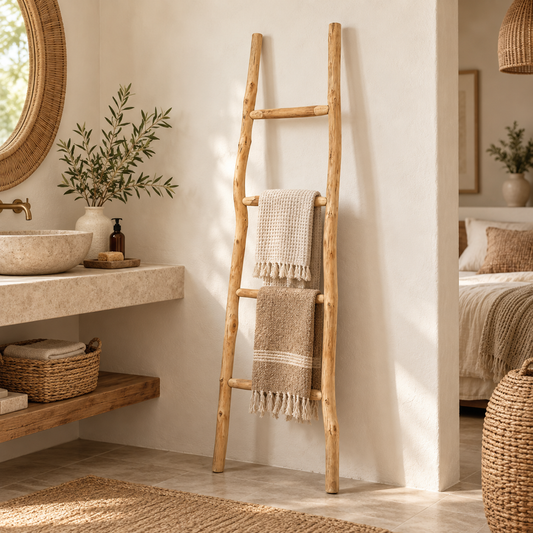 Échelle décorative Neris en bois naturel avec textiles dans un intérieur chaleureux