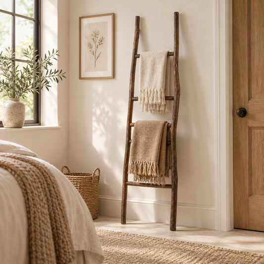 Échelle décorative Neris chocolat en bois avec plaids dans une chambre