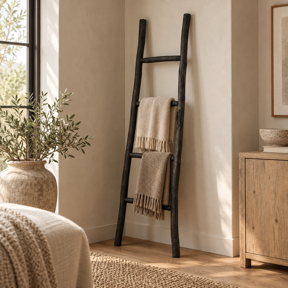 Échelle décorative Neris noire en bois Kemu avec plaids dans une chambre