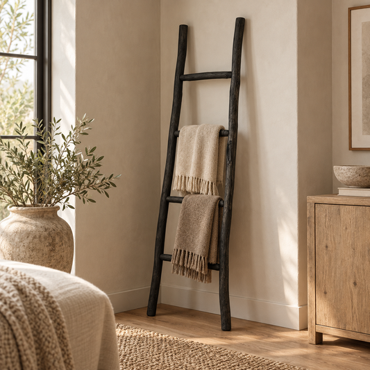 Échelle décorative Neris noire en bois Kemu avec plaids dans une chambre