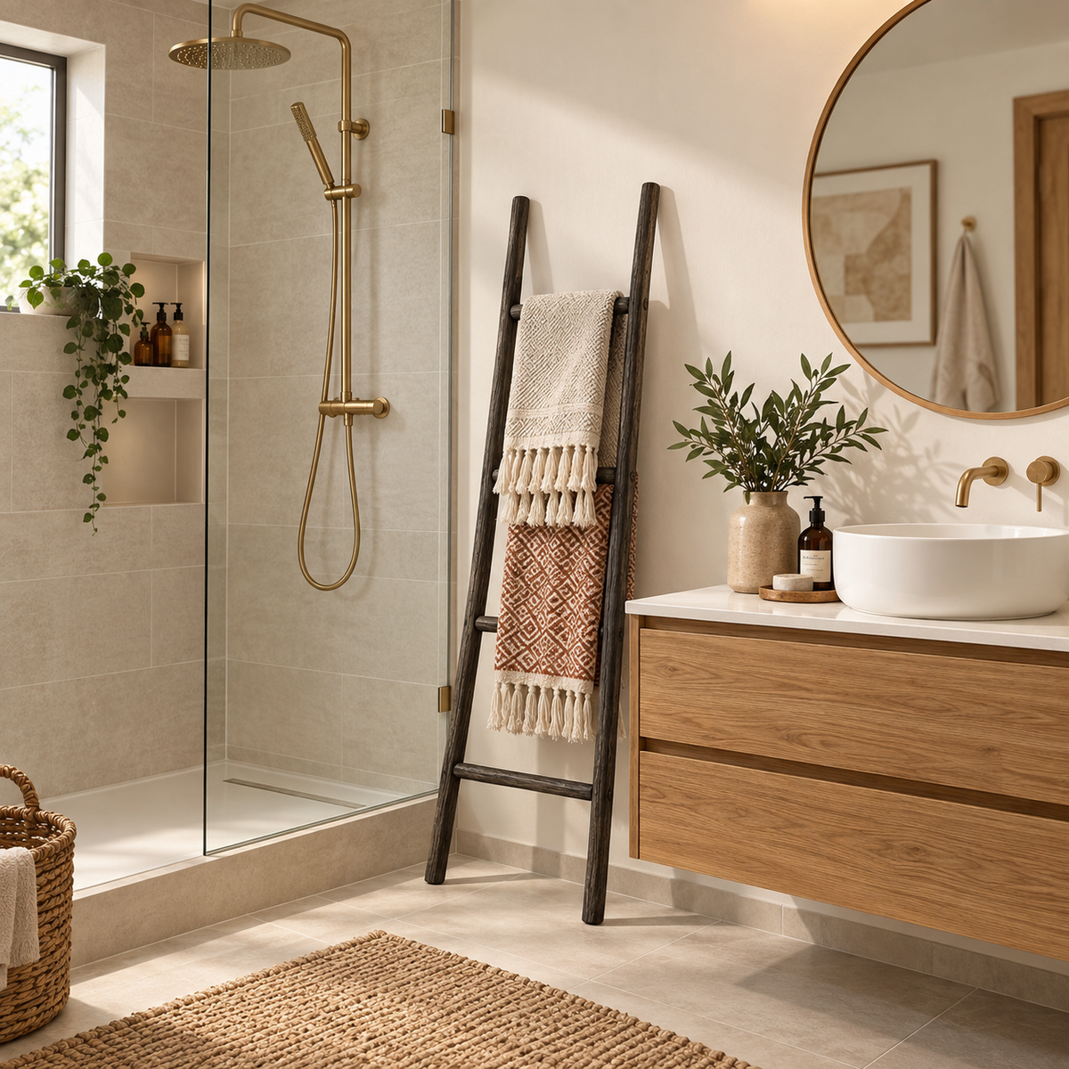 Échelle décorative Neris noire avec textiles dans une salle de bain