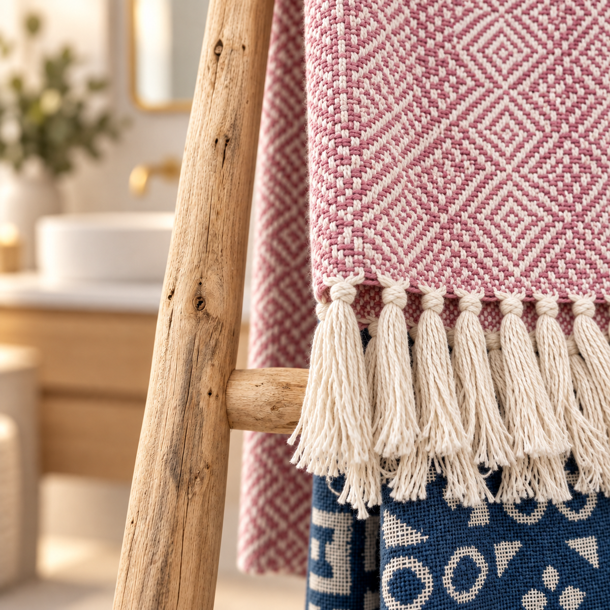 Détail de l’échelle Neris en bois naturel avec textile décoratif