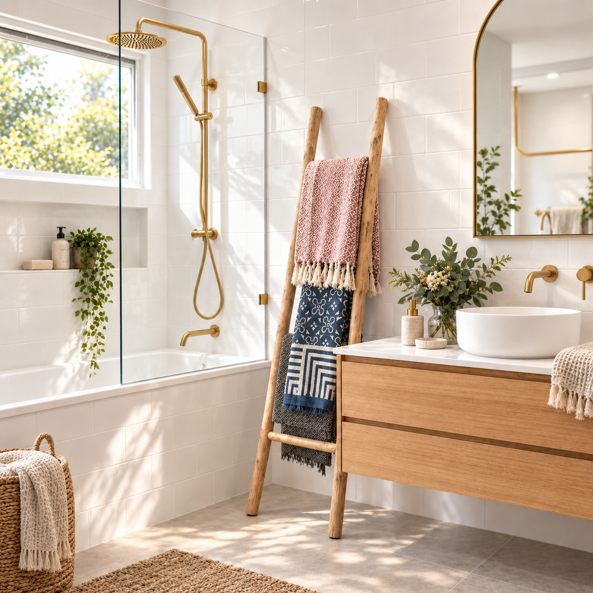Échelle décorative Neris en bois naturel utilisée comme porte-serviettes dans une salle de bain