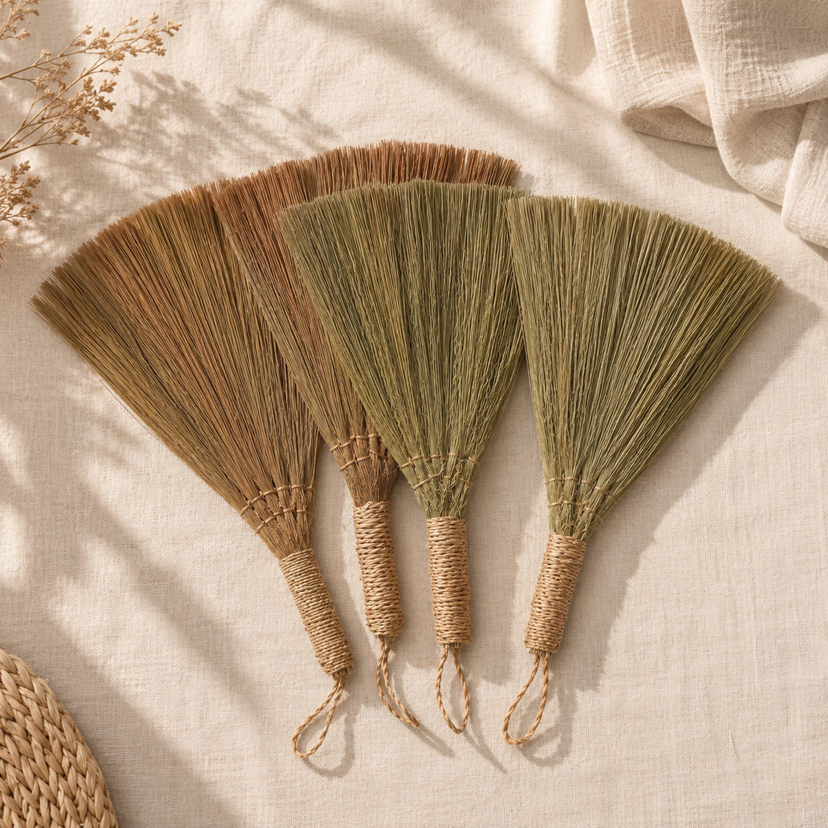 Lot de quatre éventails décoratifs Nayra en fibres naturelles, dans des tons beige, brun et vert olive.
