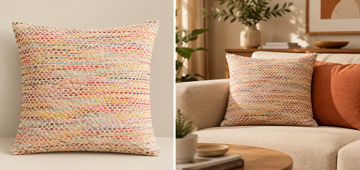 Housse de coussin Naëlya écrue et multicolore mise en scène dans un salon aux tons naturels.