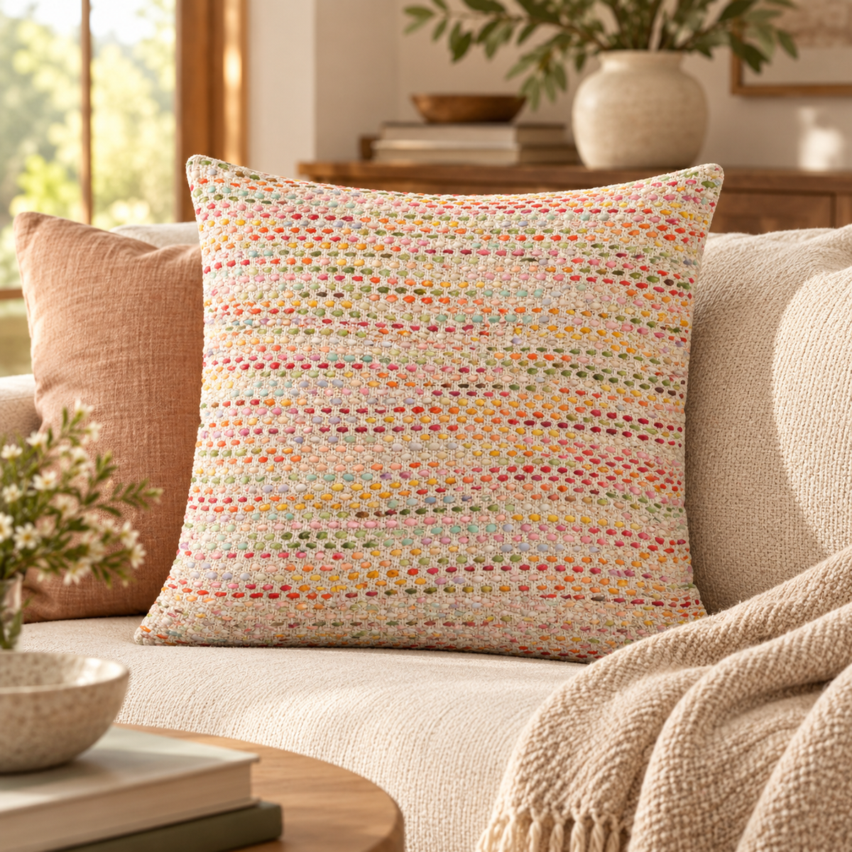 Housse de coussin Naëlya aux éclats multicolores présentée sur un canapé dans un intérieur chaleureux.