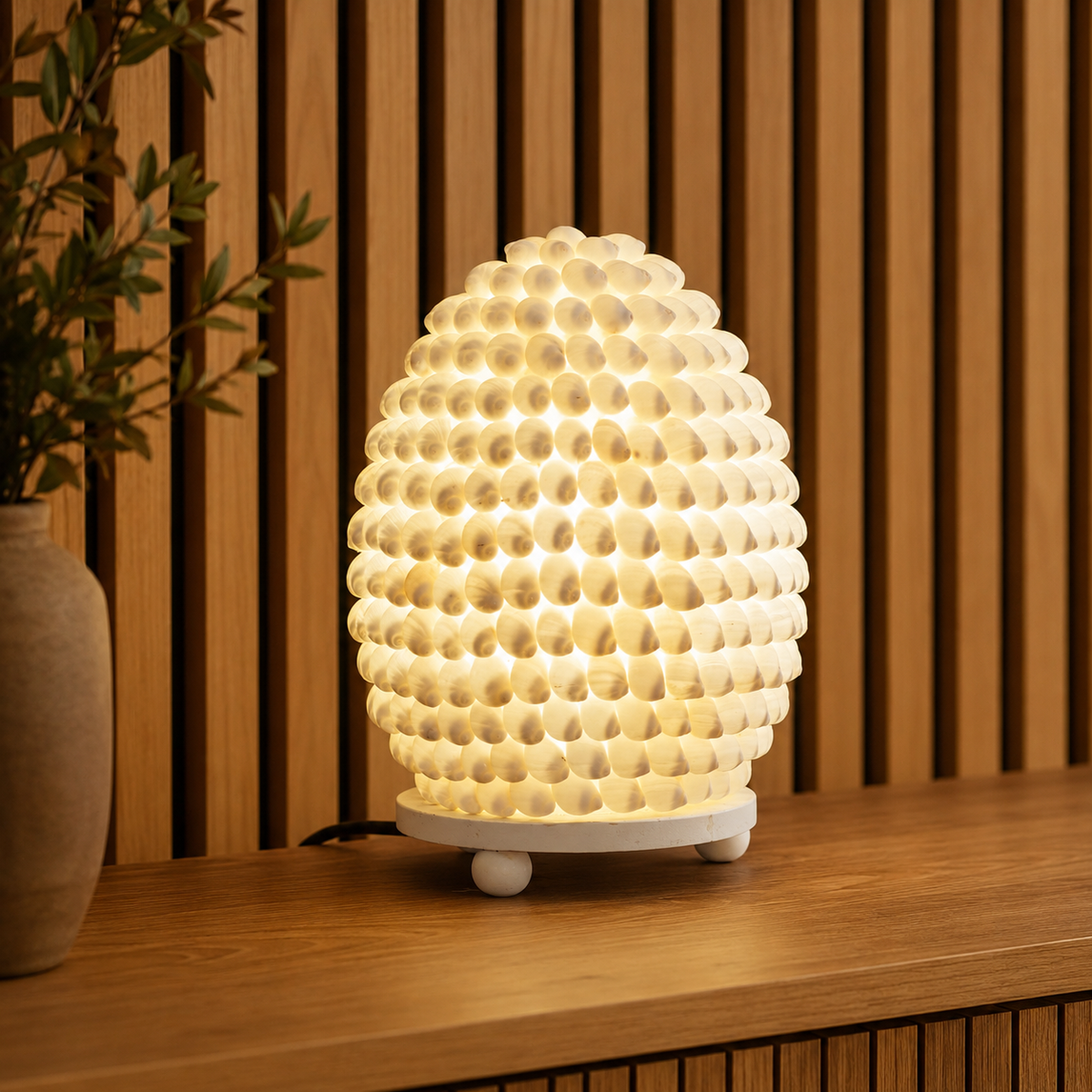 Lampe Nacréa en coquillages naturels ivoire allumée, diffusant une lumière douce et chaleureuse devant un fond en bois.