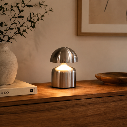 Lampe Noma argent allumée sur un meuble en bois dans une ambiance intérieure chaleureuse et naturelle.