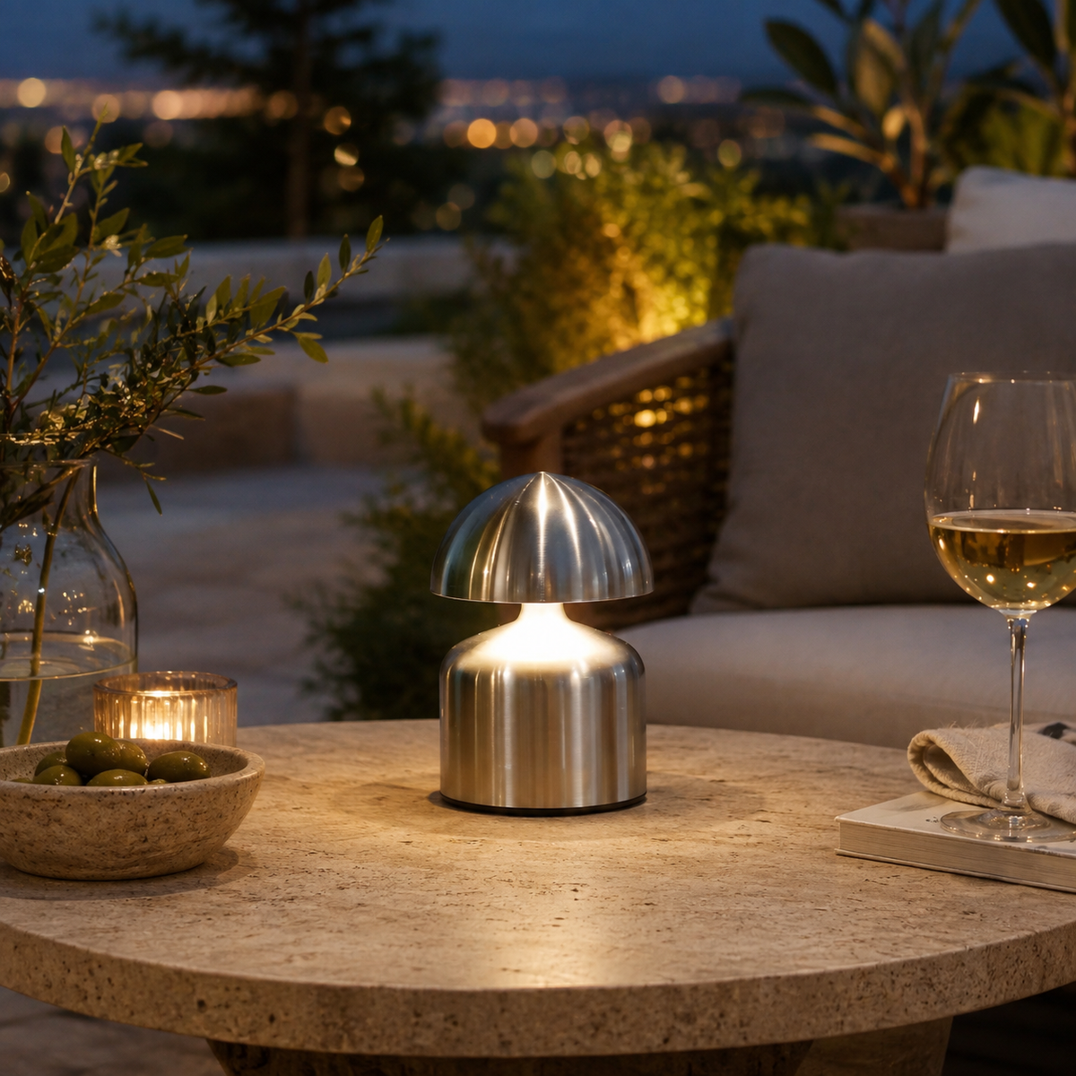Lampe Noma argent allumée sur une table en extérieur dans une ambiance de terrasse chaleureuse en soirée.