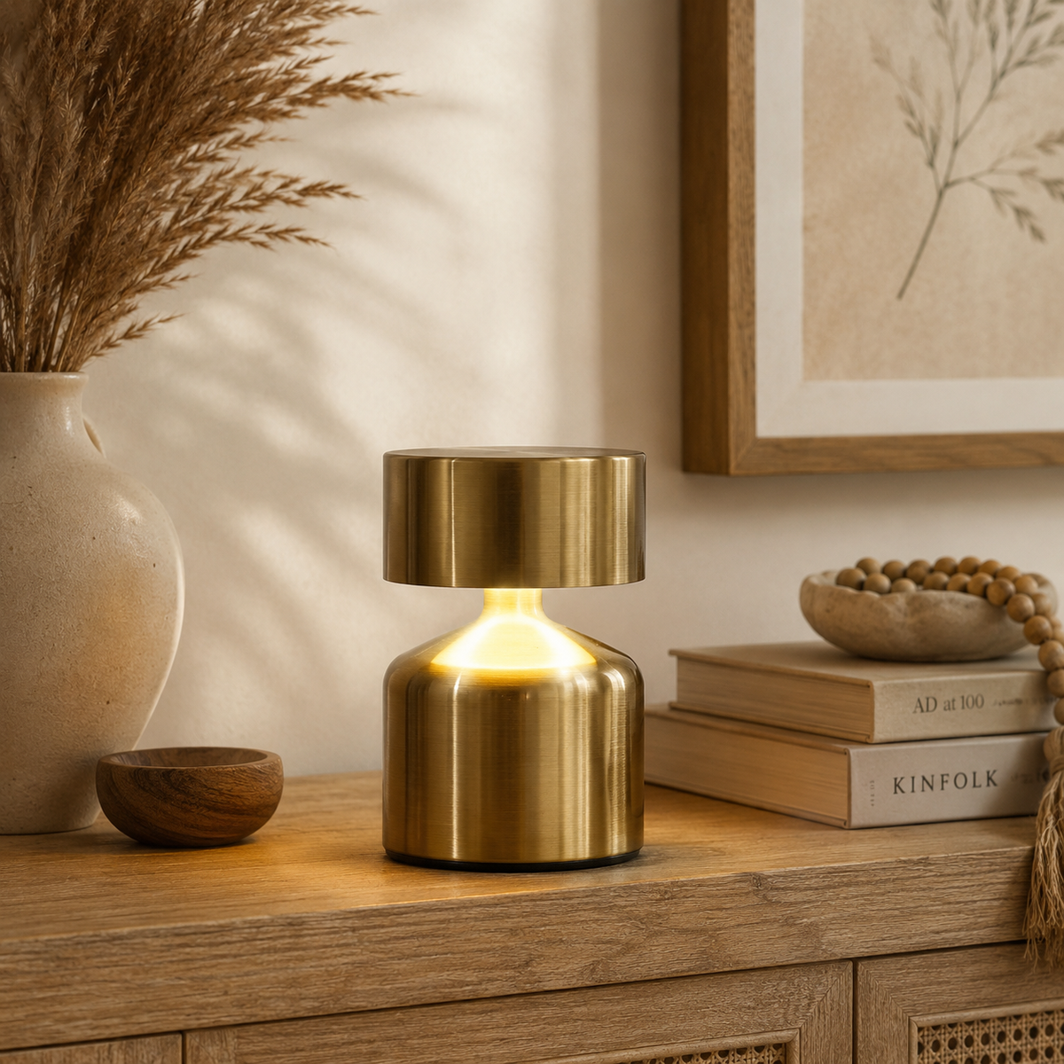 Lampe Noma bronze allumée posée sur un meuble en bois dans une ambiance chaleureuse et naturelle.
