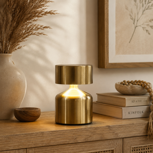 Lampe Noma bronze allumée posée sur un meuble en bois dans une ambiance chaleureuse et naturelle.