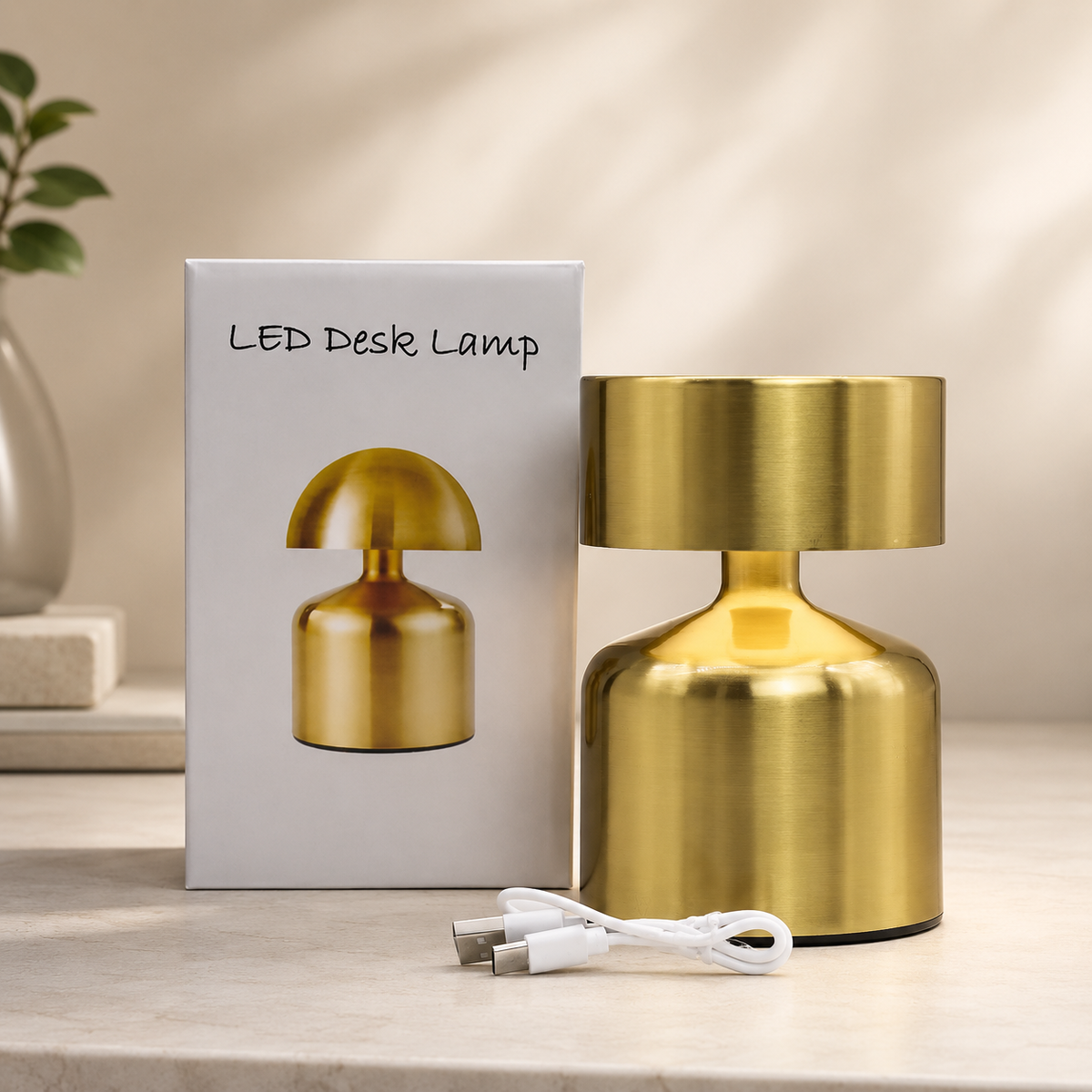 Lampe Noma bronze avec son emballage et câble USB-C, présentée sur fond beige dans un style épuré.