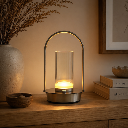 Lampe Noma Crystal allumée sur un meuble en bois dans une ambiance intérieure chaleureuse et naturelle.