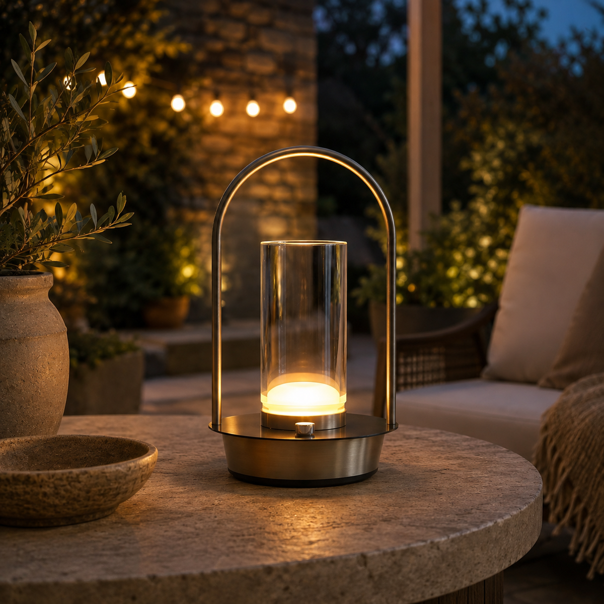 Lampe Noma Crystal allumée sur une table en extérieur dans une ambiance de terrasse chaleureuse en soirée.