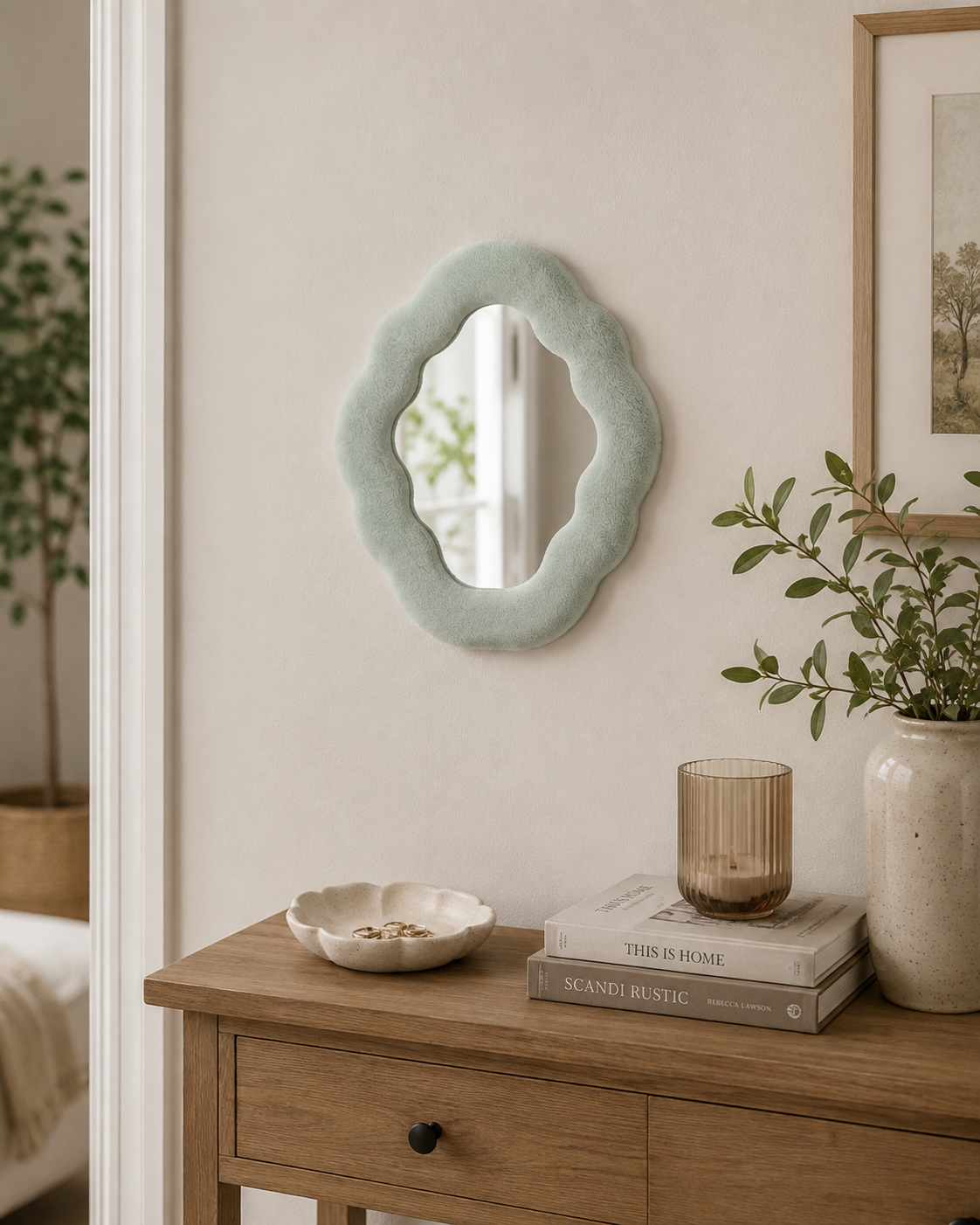 Miroir Alma Céladon en velours installé au-dessus d’une commode dans un intérieur naturel