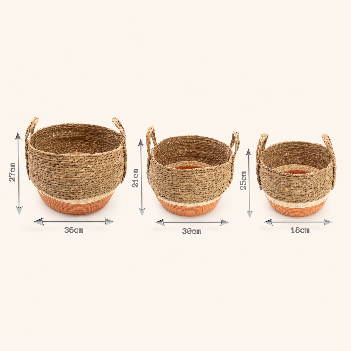 Dimensions des trois paniers Caléa en fibres naturelles, formats 36, 30 et 18 cm