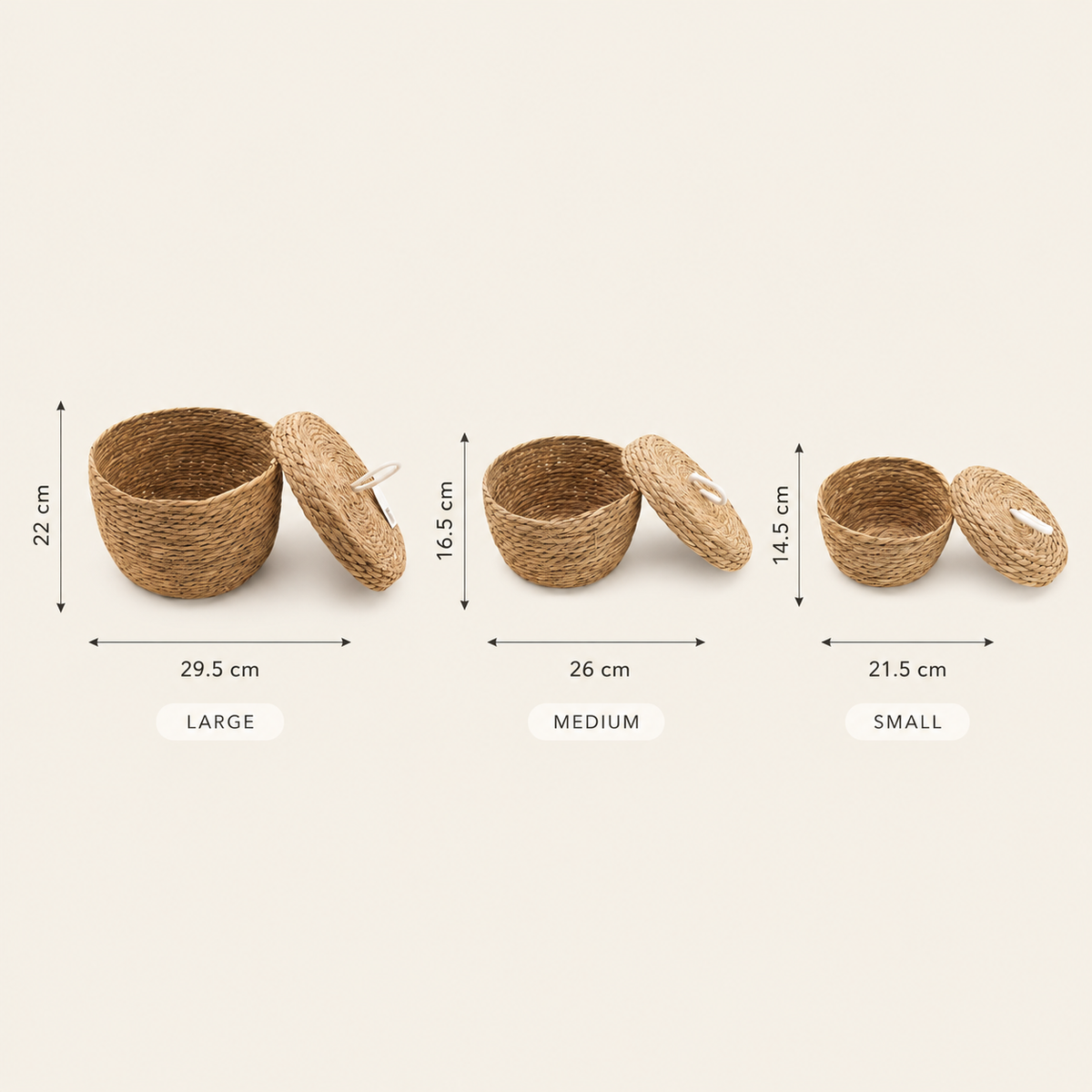 Présentation des dimensions des trois paniers Liora : grand, moyen et petit format.