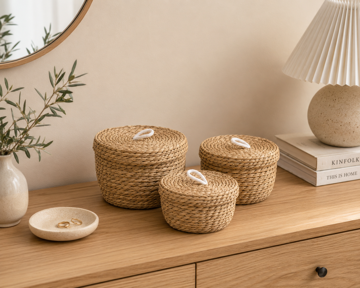 Trio de paniers Liora posé sur une commode en bois dans une ambiance naturelle et chaleureuse.