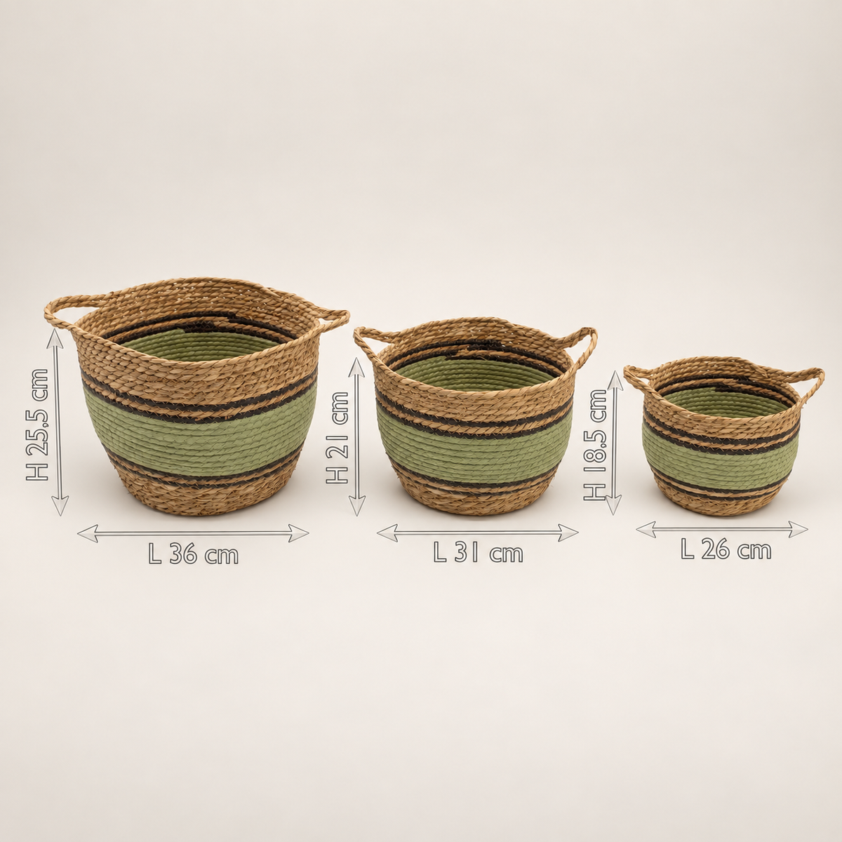Présentation des trois formats de paniers Vahéa avec leurs proportions respectives.