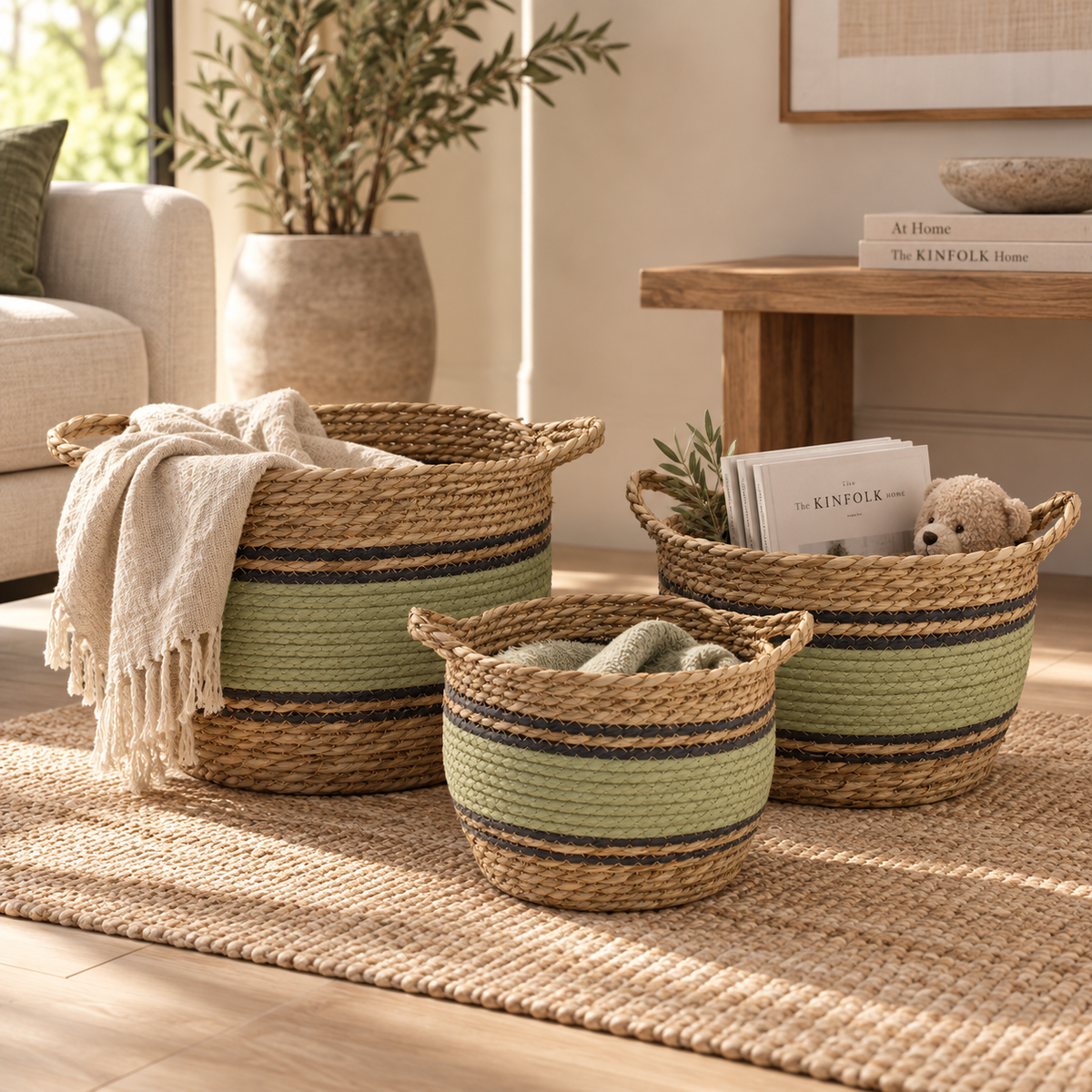 Trio de paniers tressés Vahéa mis en scène dans un intérieur chaleureux aux matières naturelles.