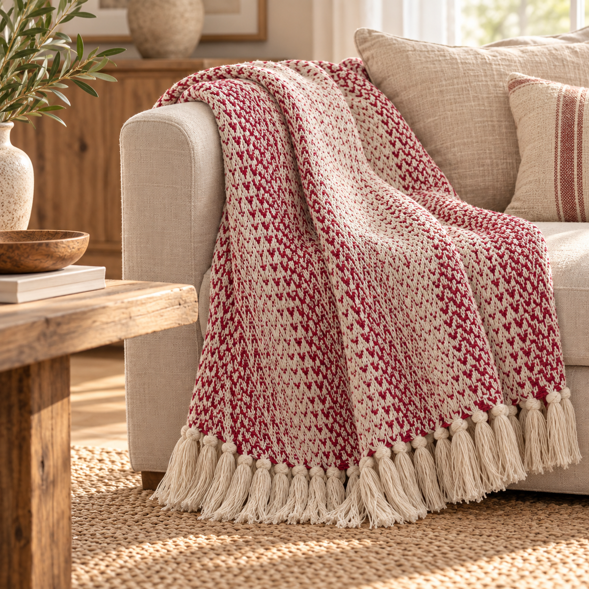 Plaid Elya rubis et écru disposé sur un canapé dans un intérieur doux et naturel.