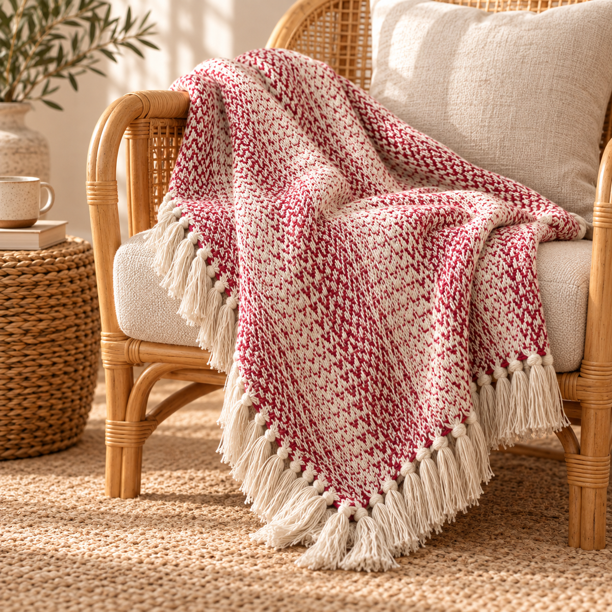 Plaid Elya rubis et écru drapé sur un fauteuil dans une ambiance intérieure chaleureuse.