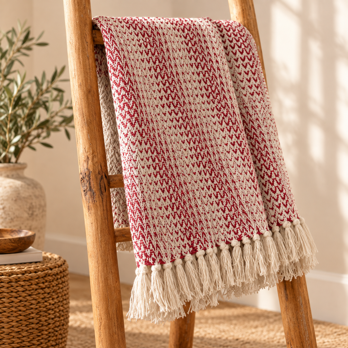 Plaid Elya rubis et écru suspendu, montrant son format généreux et ses longues franges claires.