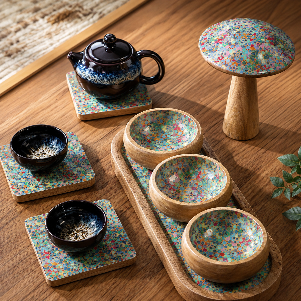 Plateau & Coupelles Alméa Mosaïque méditerranéenne mis en scène sur une table
