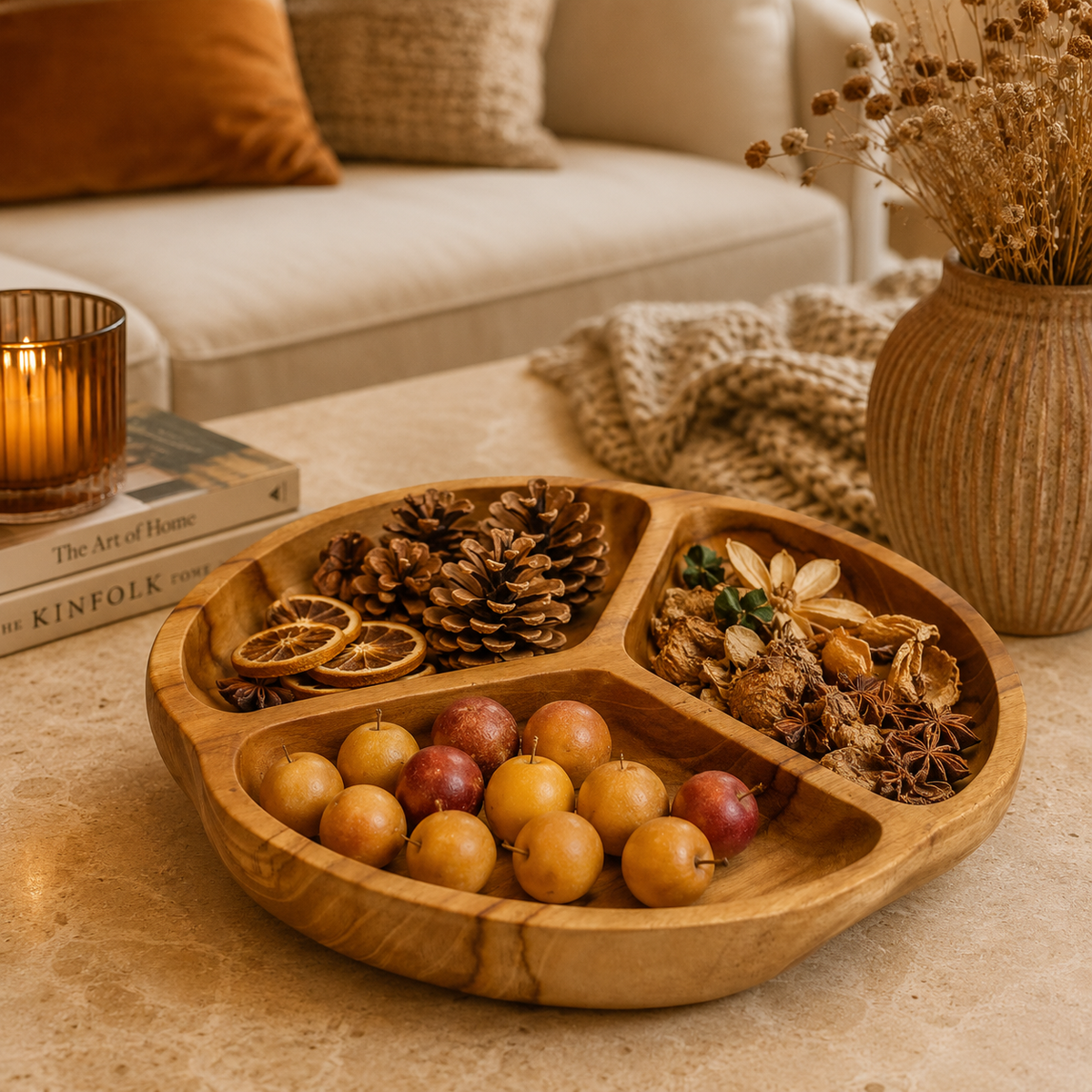 Plateau Nilo compartimenté en teck naturel garni de fruits entiers et fruits secs