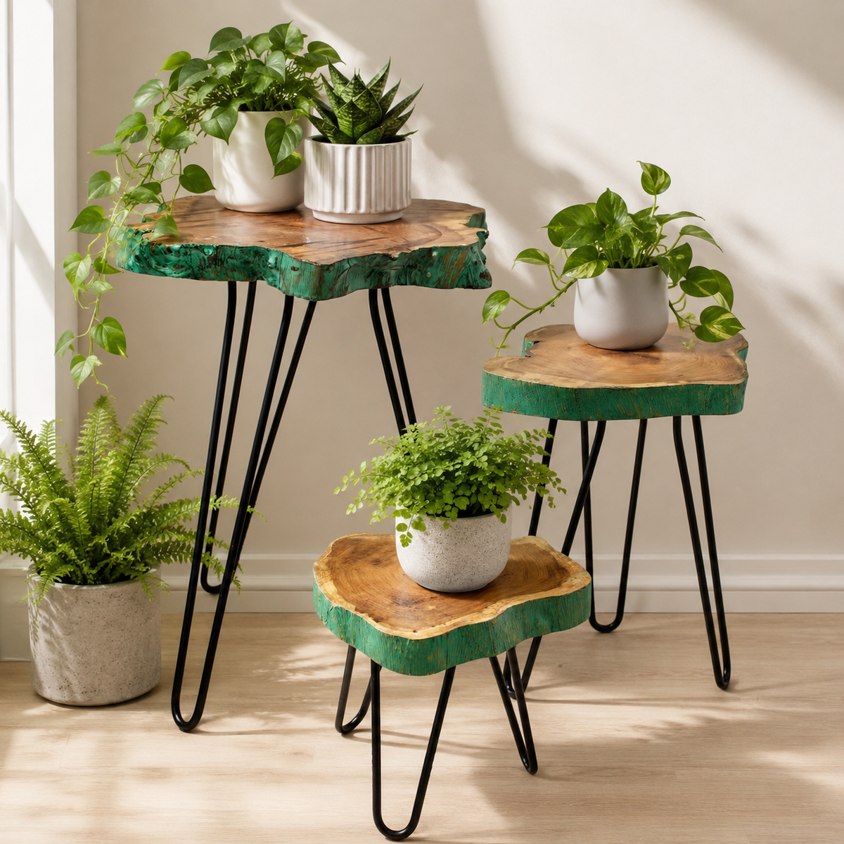 Porte-plantes Oréa en bois Gamal et métal noir mis en scène avec plusieurs plantes vertes