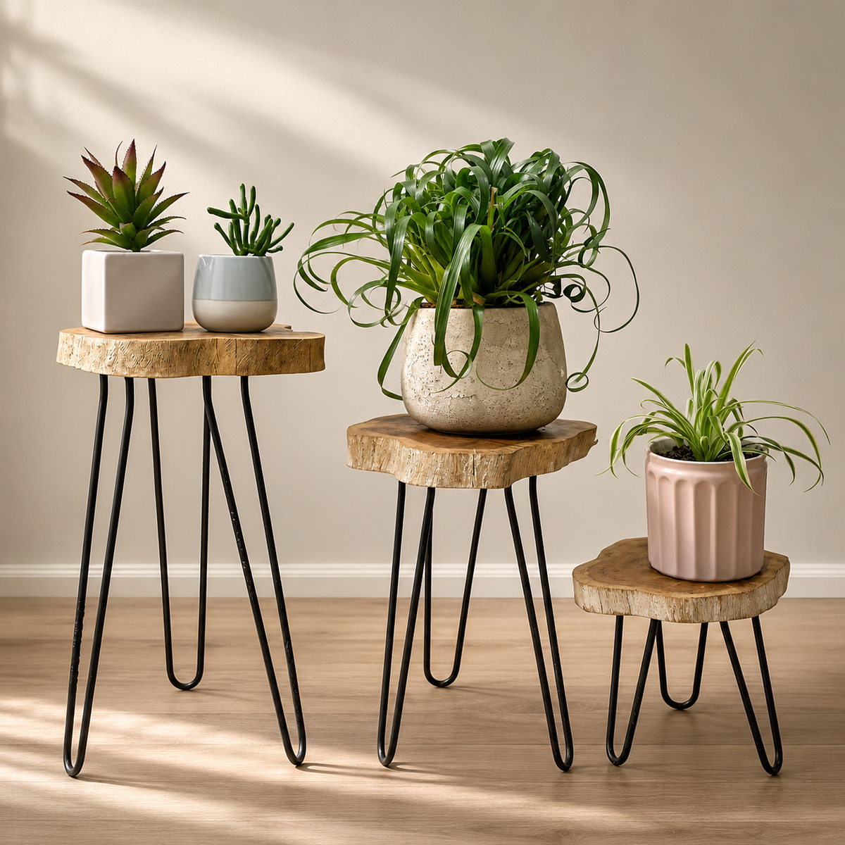 Porte-plantes Oréa Trio naturel en bois Gamal avec plantes vertes en décoration intérieure