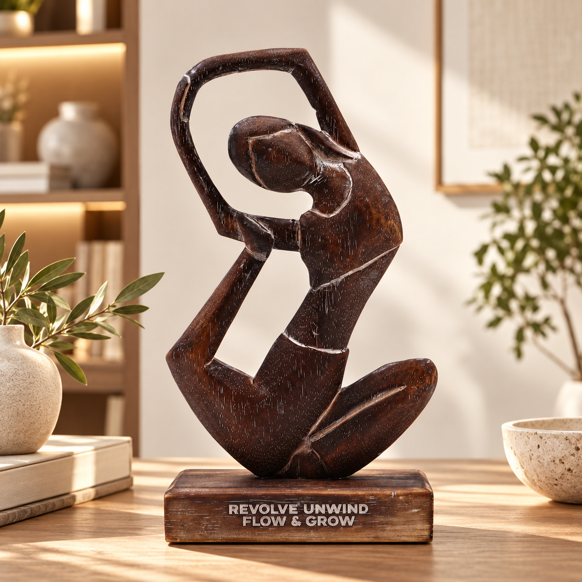 Statuette Yséa en bois exposée dans une décoration chaleureuse aux tons naturels