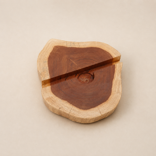 Support téléphone Nalo en bois naturel, façonné dans une tranche de bois aux contours organiques.