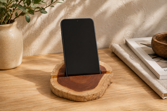 Support téléphone Nalo en bois naturel avec smartphone installé, présenté dans un intérieur chaleureux.