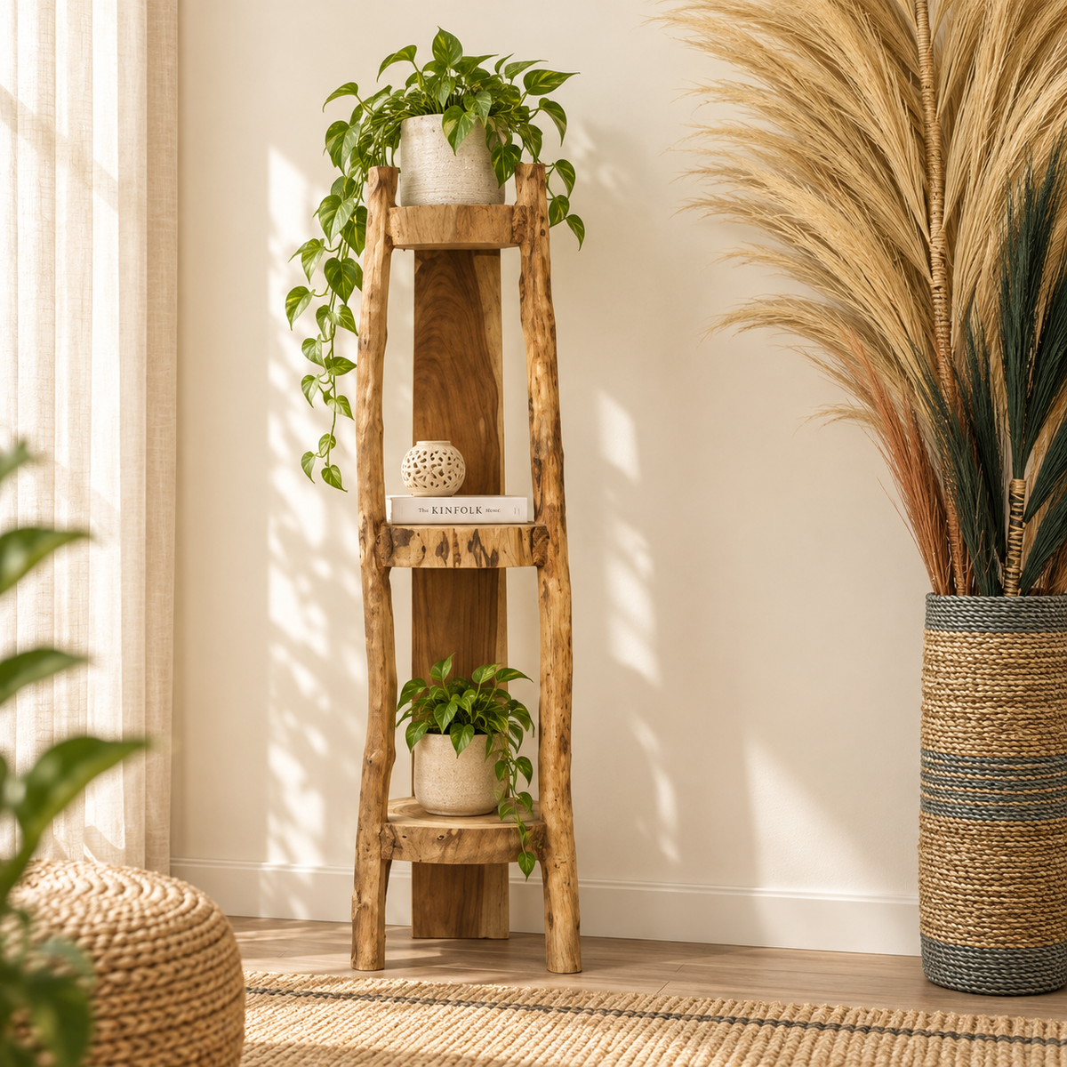 Étagère d’angle Yséa en teck naturel installée dans un intérieur chaleureux avec plantes et décoration naturelle.