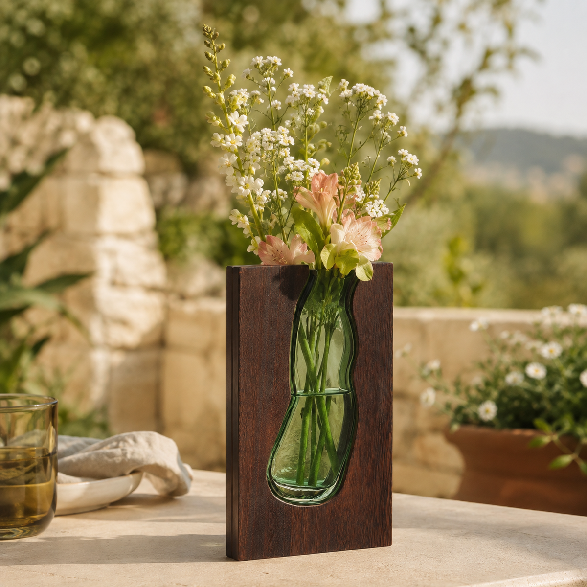 Vase Elwen 23 cm en verre verdâtre et bois foncé avec composition florale en extérieur
