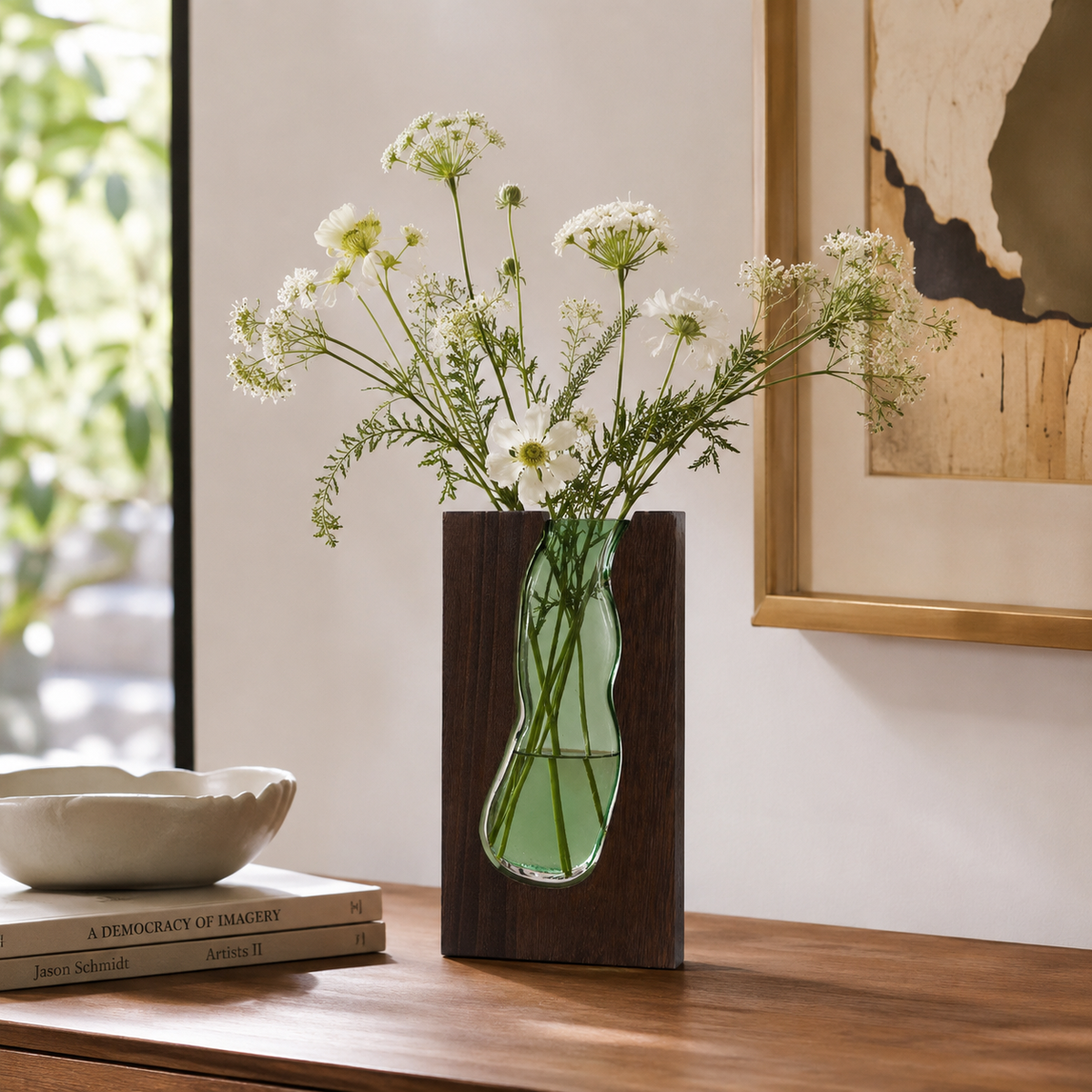 Vase Elwen 32 cm en verre et bois foncé avec composition florale dans un intérieur chaleureux