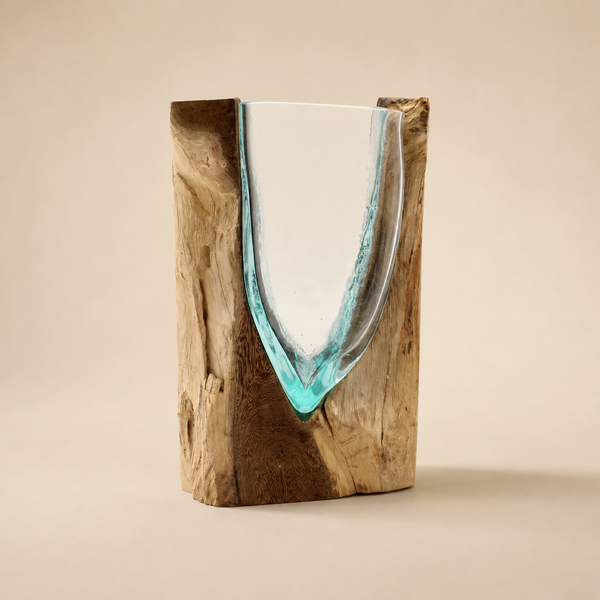 Vase Orwell en verre en V intégré dans une structure en bois Gamal naturel